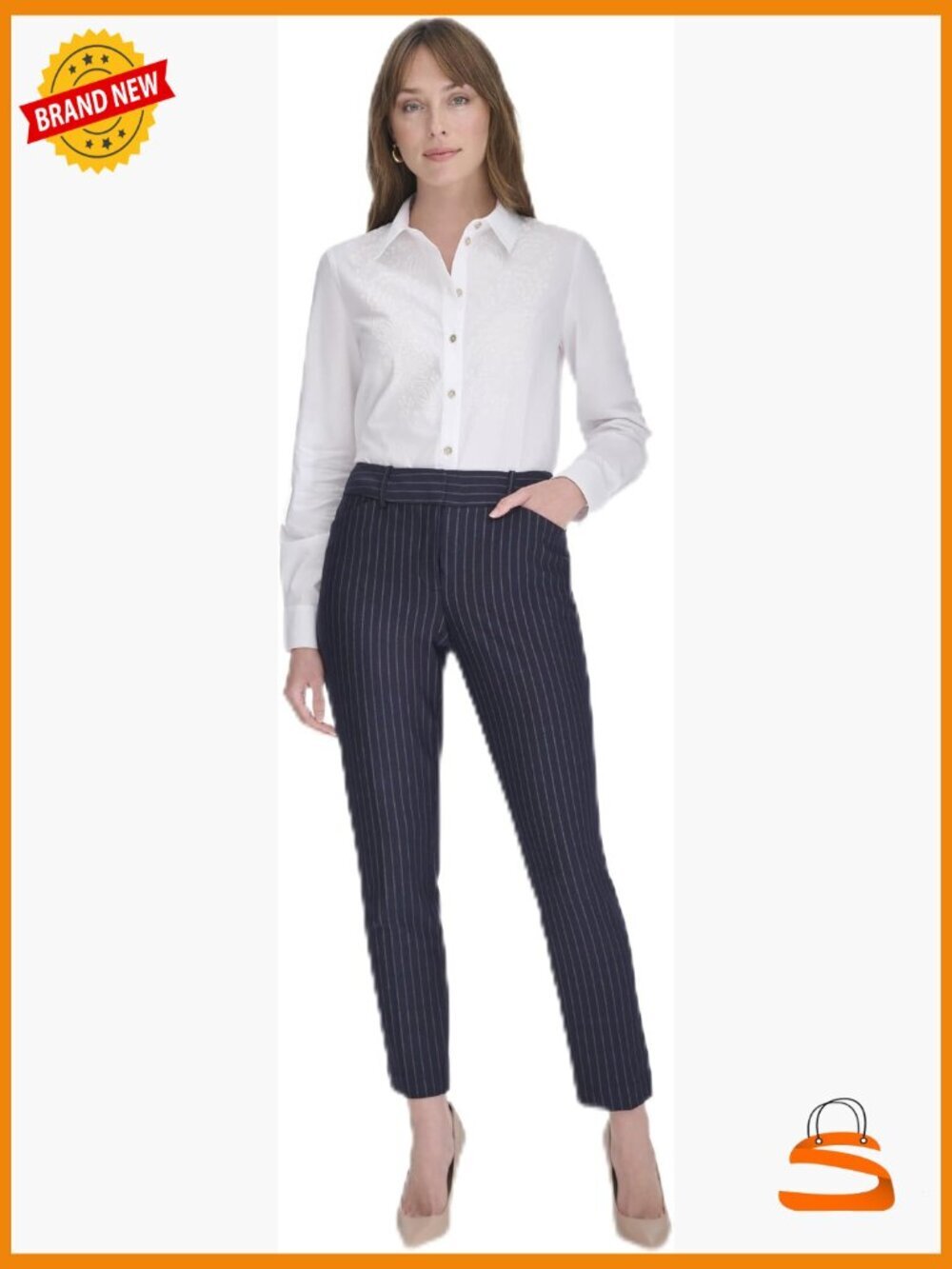 Slim Fit Pinstripe Trousers - Cropped Tapered Dress Pants